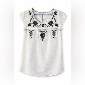 Forbidden Los Angeles Embroidered Cotton Boho Top | XL | Black & White